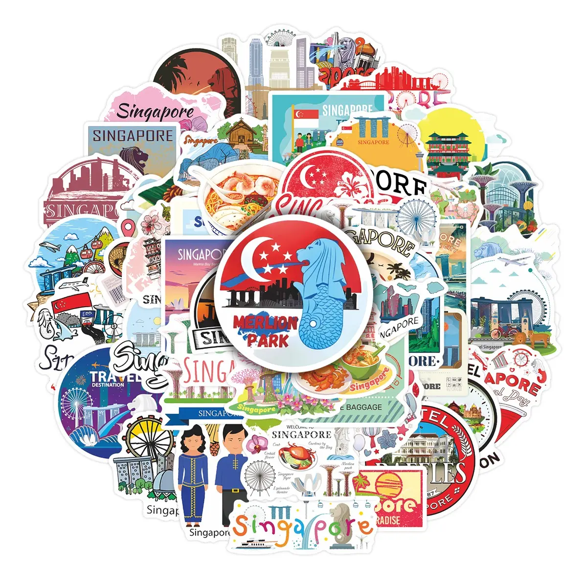 50Pcs Singapore Travel Stickers Pack, Waterproof Merlion & City Landmark Vinyl Decals for Laptop, Water Bottle, Suitcase & Journal, Travel Lover Gift