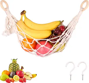 Macrame Fruit Hammock with Hooks - Hanging Fruit Hammock for Kitchen Under Cabinet Handwoven Veggie Banana Hammock for Kitchen Decor