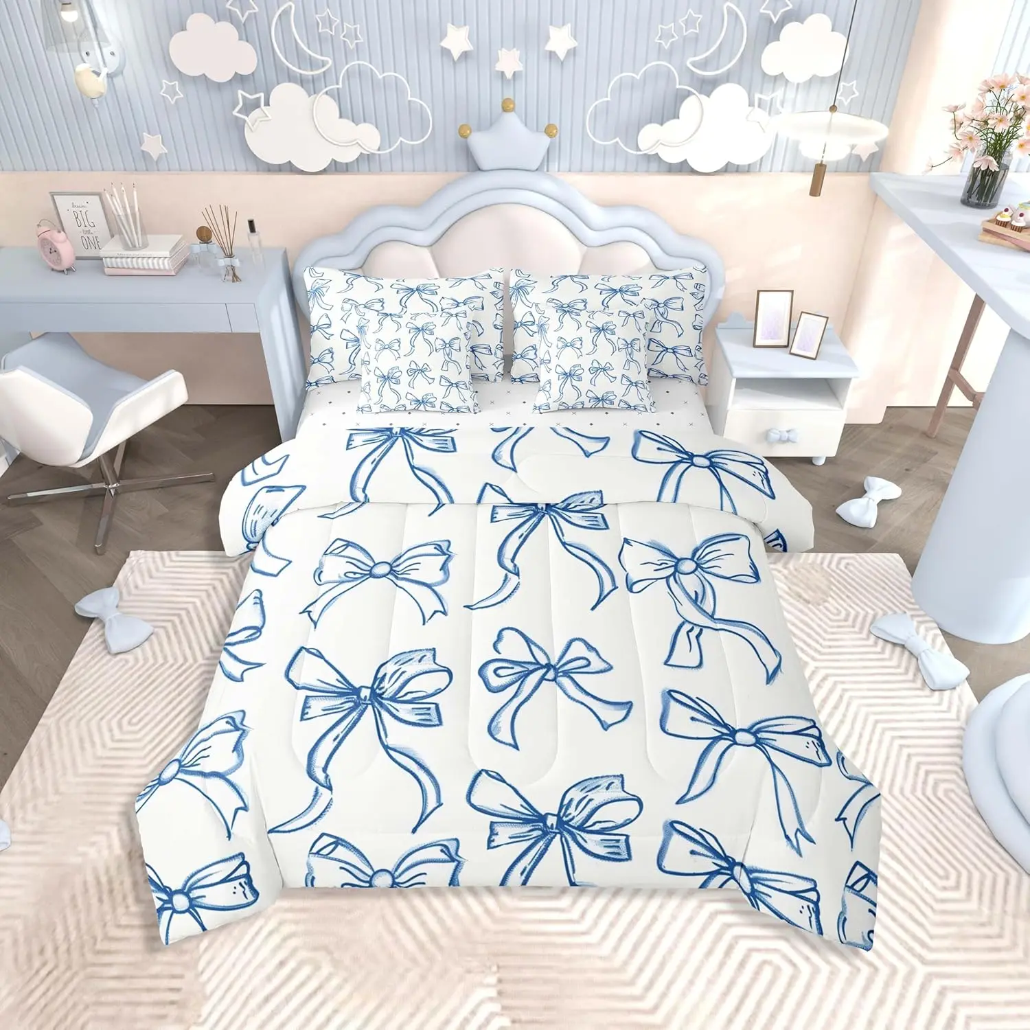 Feelyou 7-Piece Princess Theme Bedding Set for Girls - Blue Bow Motif Comforter, Sheets, Breathable Quilt, Soft Lightweight Blanket, Multi-Size Options, Gentle Soft Blanket, Soft Comfy Blanket