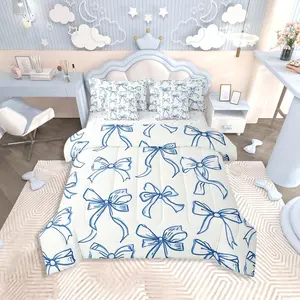 Feelyou 7-Piece Princess Theme Bedding Set - Blue Bow Motif Comforter Set with Sheets, Breathable Quilt, Soft Lightweight Blanket for Girls, Multi-Size Options