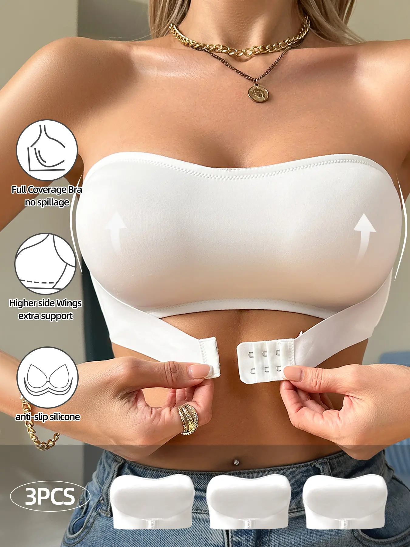 Women's Wireless Seamless Soft Wirefree Breathable Strapless Front Buckle Bra Set, Anti-Slip No Underwire Unlined Crop Top, Basic Casual Daily Everyday Wear Innerwear, 3 Piece Pack, Fit, Front Closure Bra, Womenswear, Non Slip Bras