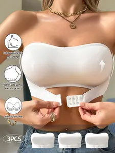 Women's Wireless Breathable Strapless Front Buckle Bra Set, Anti-Slip No Underwire Unlined Crop Top, Basic Casual Daily Everyday Wear Innerwear, 3 Piece Pack, Fit
