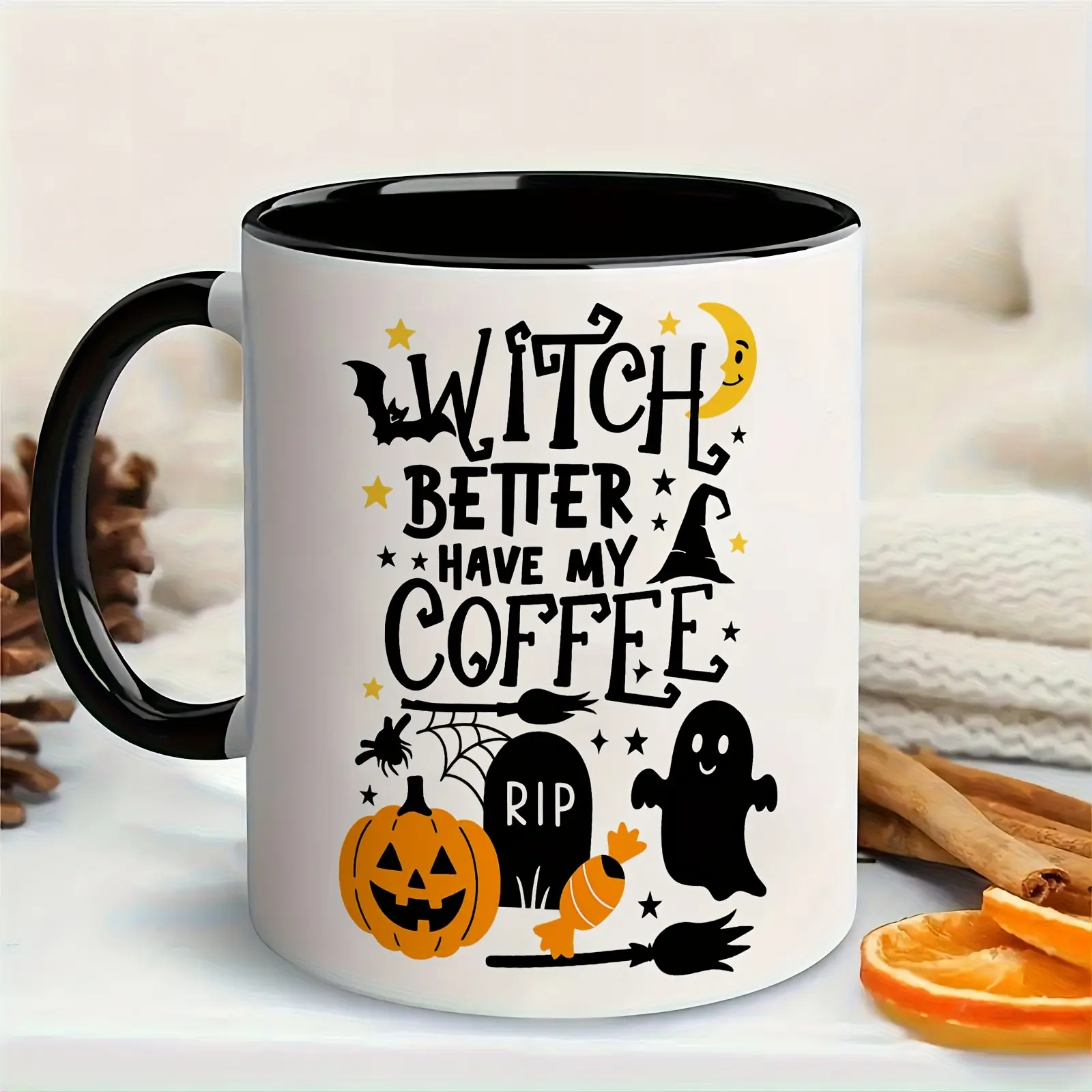11oz Inner‑Black Ceramic Mug, Witch Better Have My Coffee, Funny Halloween Pumpkin Ghost Bat Coffee Cup, Spooky Season Gift