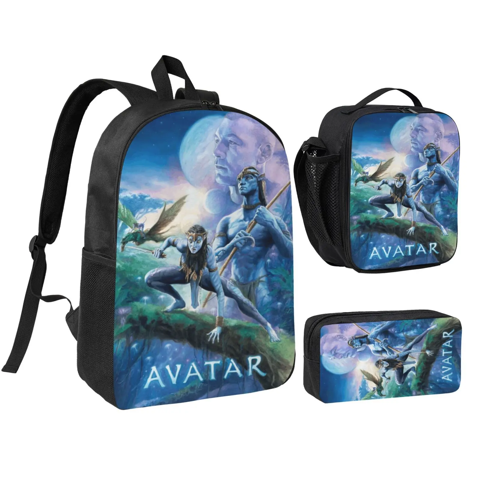 3-Piece Casual Backpack Set with Avatar Print for Girls & Boys, Water-Resistant Matching Set with Insulated Lunch Box for Hiking, School, Teens, Daily Commute, Durable Water-Resistant Fabric, Padded Shoulder Straps