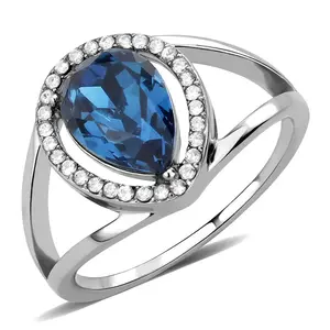 Lanyjewelry Women's 1mm Thin Stainless Steel Wedding Band - Hypoallergenic Artificial Gemstone Ring with Pear Shape Montana Blue CZ and Surrounding Gems
