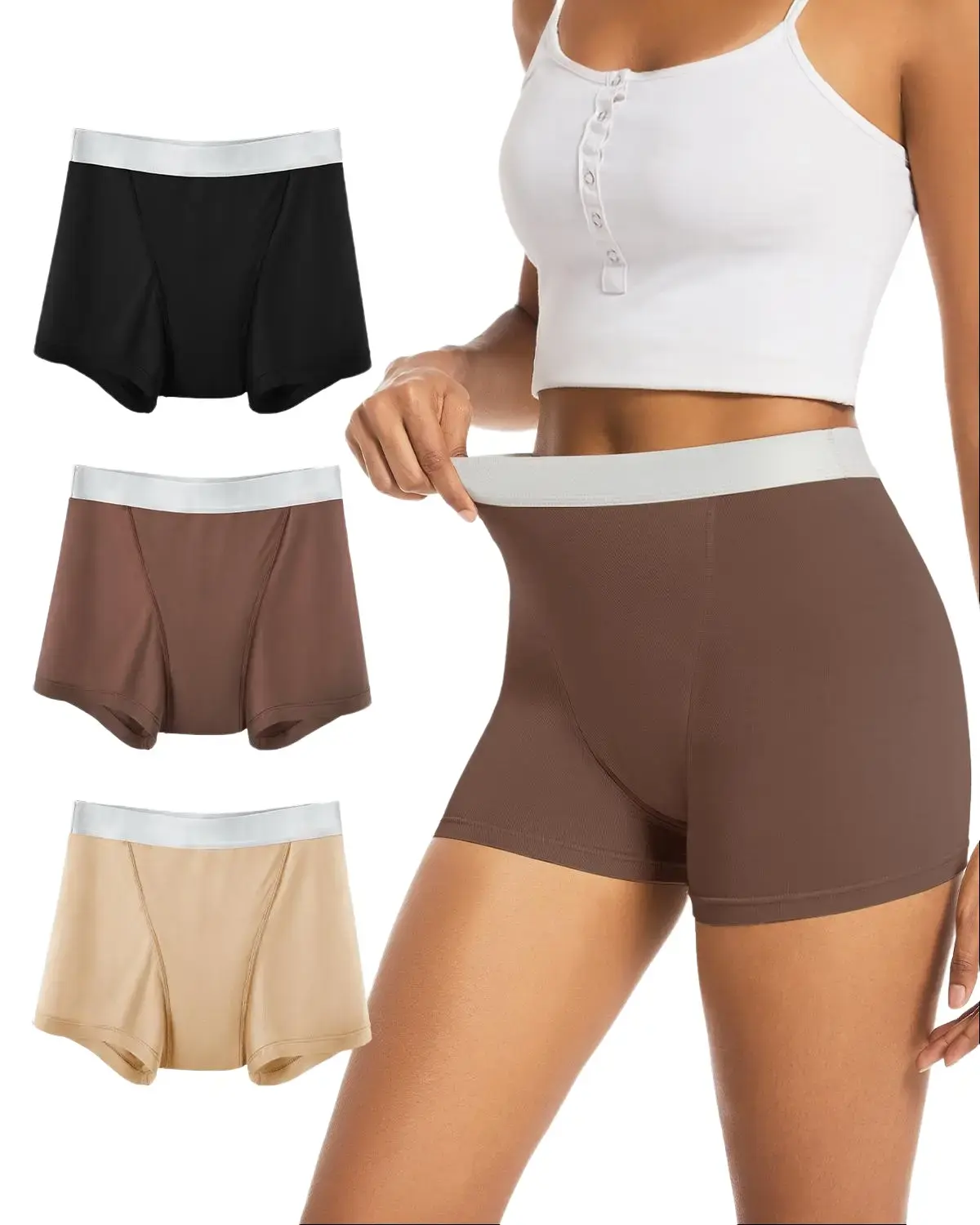 TIICHOO Women's High Waist Reusable Heavy Flow Leakproof Period Boyshorts - Basic, Breathable, Comfortable Fabric, Day-Night Absorbency, 95% Viscose 5% Elastane, 3-Pack Adults' Underwear