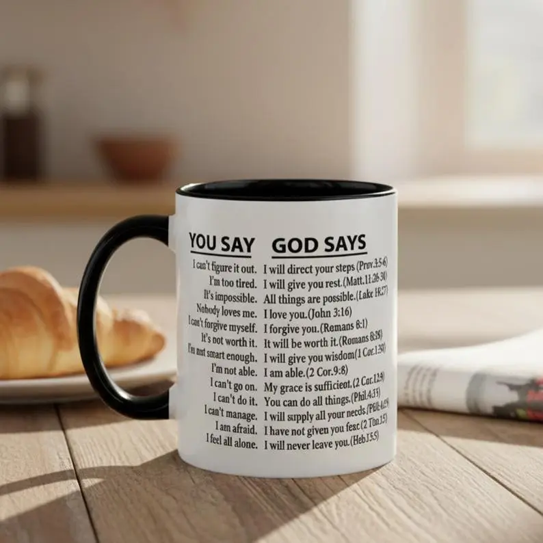 You Say God Says Two-Tone Ceramic Mug | Bible Verse Coffee Cup for Christian Men & Women | Religious Easter Baptism Gift Daily Affirmation Jenna Elle