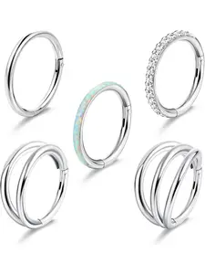 5Pcs 18G 16G Surgical Steel Nose Rings Hoops for Women Men Clicker Septum Hinged Segment Lip Nose Rings Helix Cartilage Conch Rook Earrings Helix Pierced Ring CZ Opal Body Piercing Jewelry 8mm 10mm
