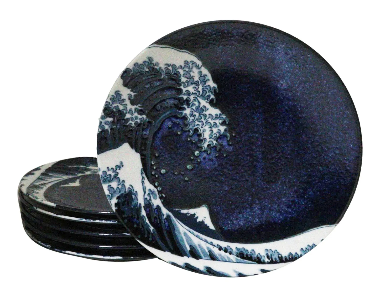 6-Piece Blue Japanese Hokusai Great Wave Pottery-Ceramic Small Plates, Scratch-Resistant Kitchenware for Appetizer-Serving, Salad Use with Japanese Artistry