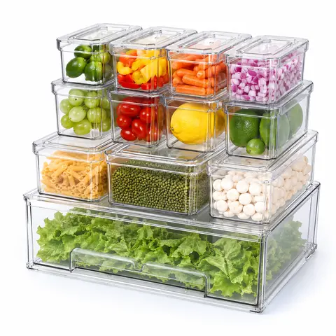AISOON 10-Piece Multi-Size Rectangular Transparent PET Refrigerator Organizer Bins with Pullout Drawer - 6 Small,3 Medium,1 Large,Stackable,Reusable,Daily Use,Fits Most Fridges & Cabinets,Space-Saving,Tidy Shelves Fast,No Drain Tray,Kitchen Pantry Storage