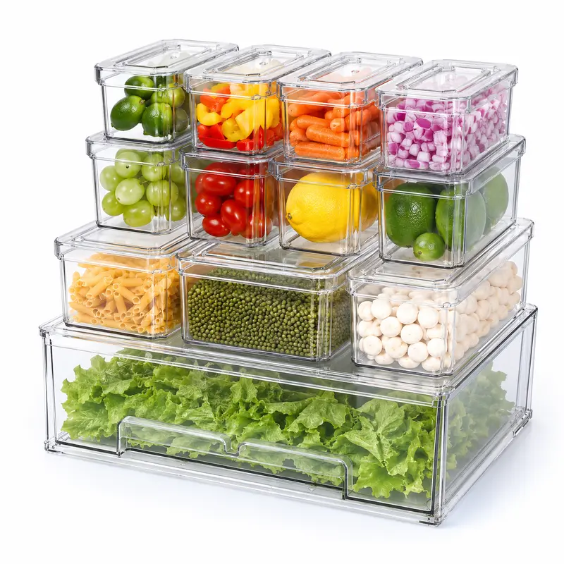 AISOON 10-Piece Multi-Size Rectangular Transparent PET Refrigerator Organizer Bins with Pullout Drawer - 6 Small,3 Medium,1 Large,Stackable,Reusable,Daily Use,Fits Most Fridges & Cabinets,Space-Saving,Tidy Shelves Fast,No Drain Tray,Kitchen Pantry Storage