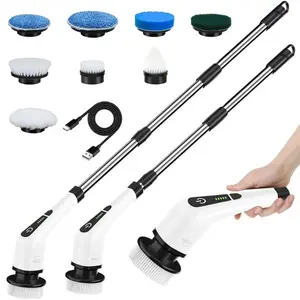 Electric Spin Scrubber, 8 Replaceable Brush Heads, Adjustable-Detachable Handle for Bathroom, Kitchen Household Cleaning (White)