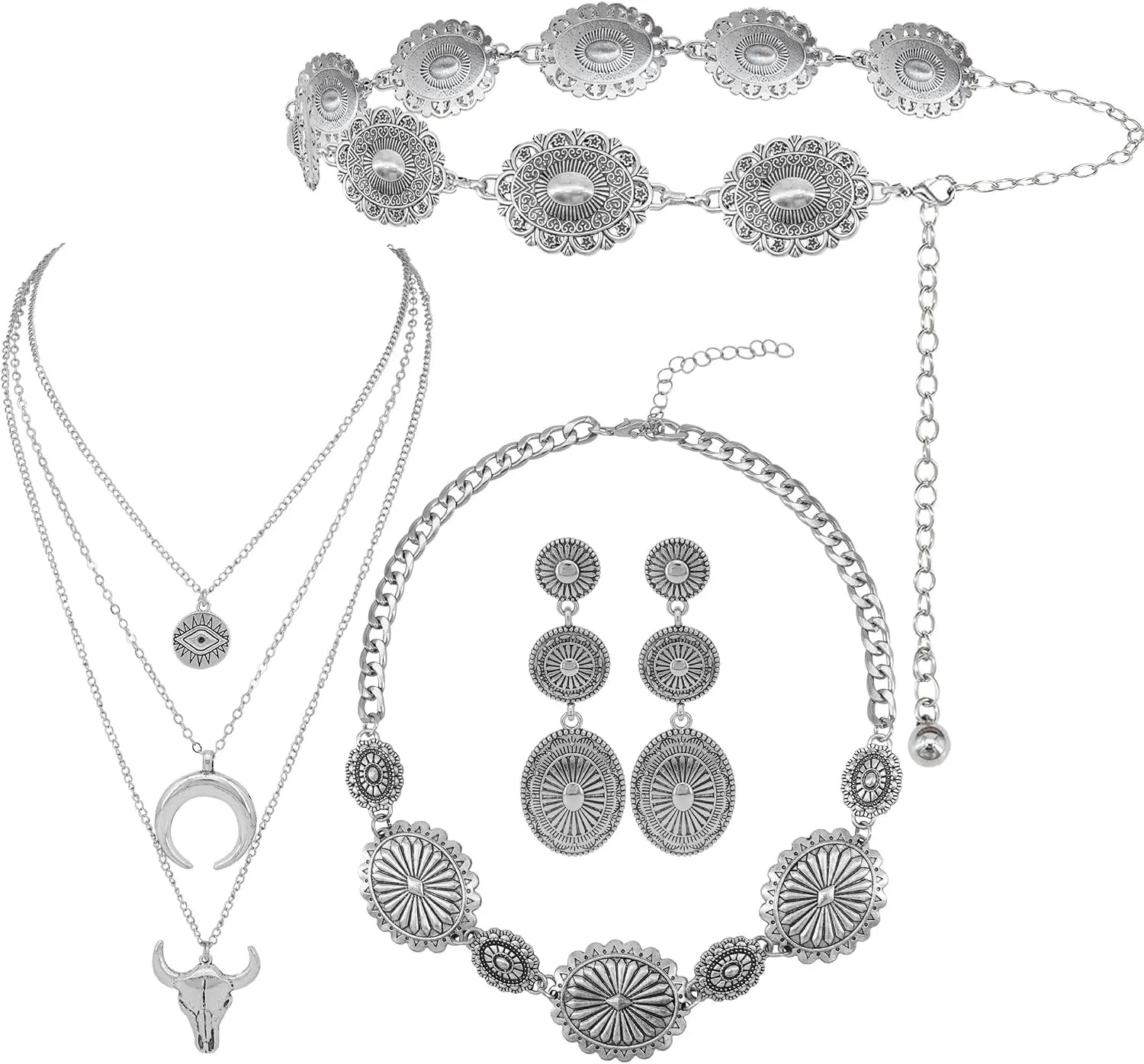 Western Concho Belt Cowgirl Necklace Dangle Earrings Jewelry set for Women Chain Belt
