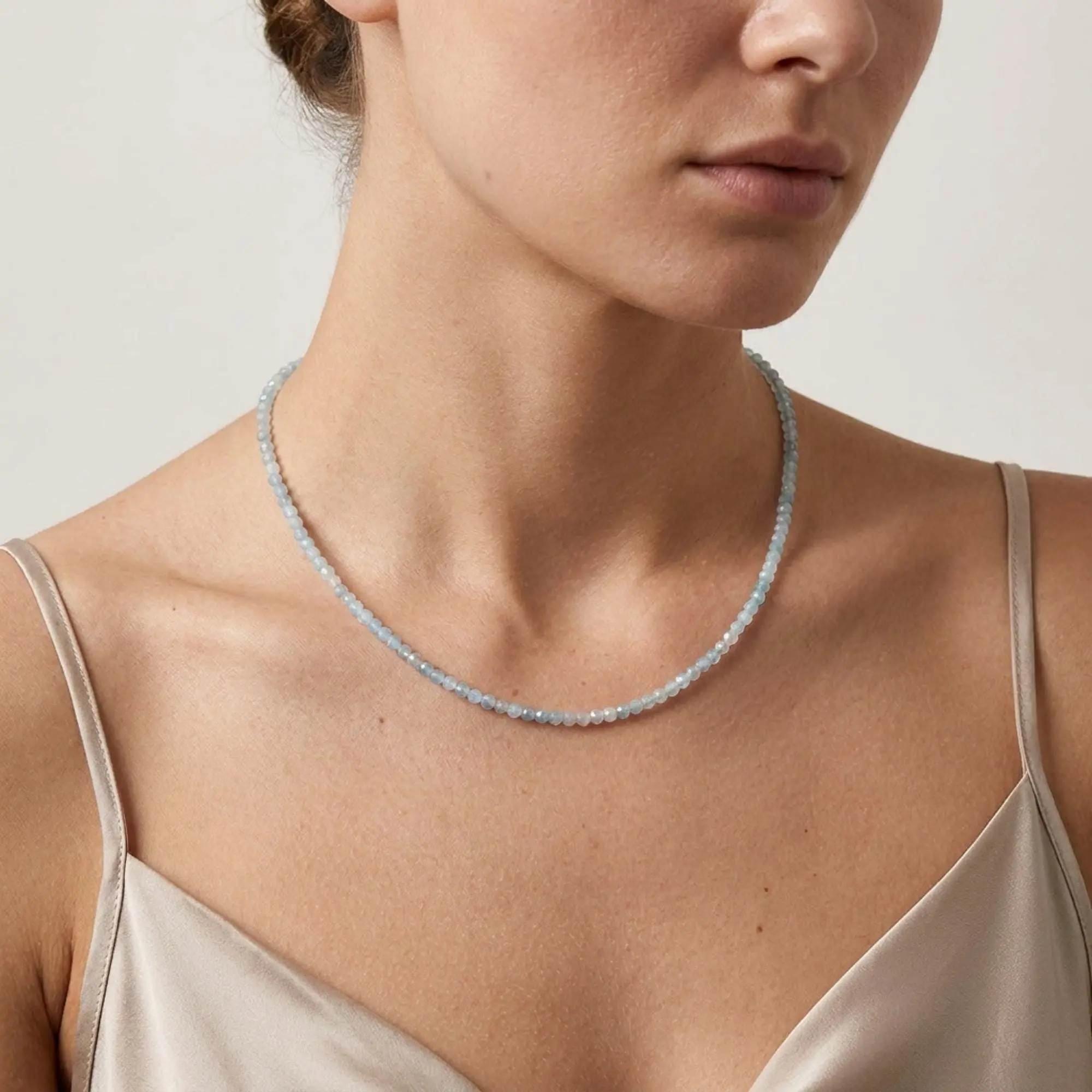 Dainty Faceted Aquamarine Gemstone Necklace (3mm Beads)