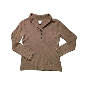 Orvis Women’s Sweater M Brown Knit V Neck Henley Pullover Casual