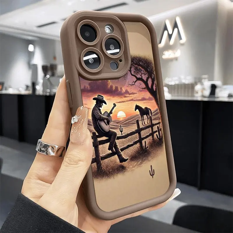 Silicone Smartphone Case - Western Cowboys Sunset Design, Soft Touch, Pocket-Friendly Shockproof Cover for iPhone Series (11-17 Pro, ProMax, Air, Plus), Handheld Devices Protection Accessory