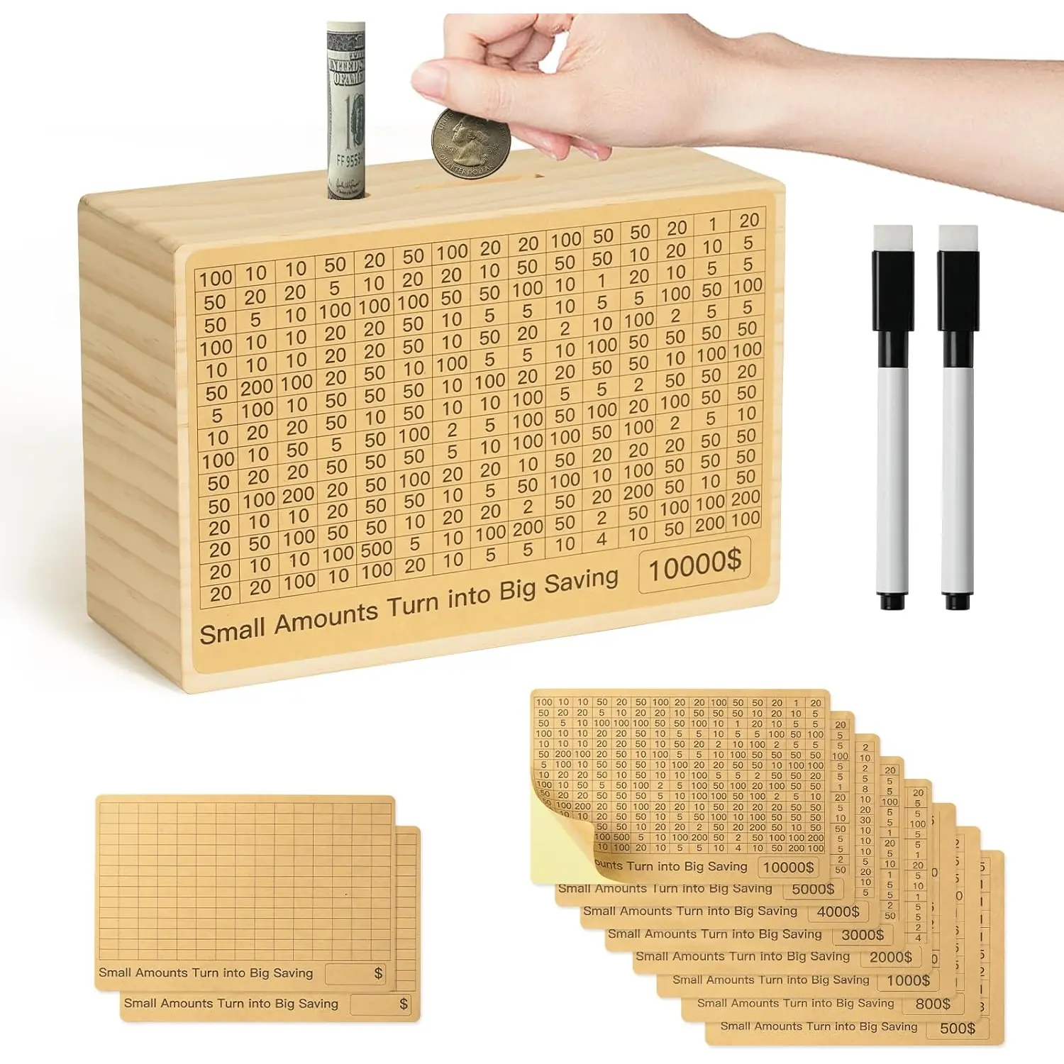 Money-Savings-Box:Cash Savings Box with $10,000 $5,000 $4,000 $3,000 $2,000 $1,000 $800 $500 Challenge Target, Piggy-Bank for Adults Kids SaveQuest
