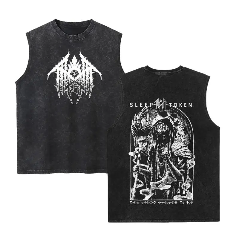 [New Version] Sleep Token Washed Tank Top, Gym Essential, Vintage Casual Crewneck Sleeveless Menswear T-shirts Classic Cotton Fabric Streetwear