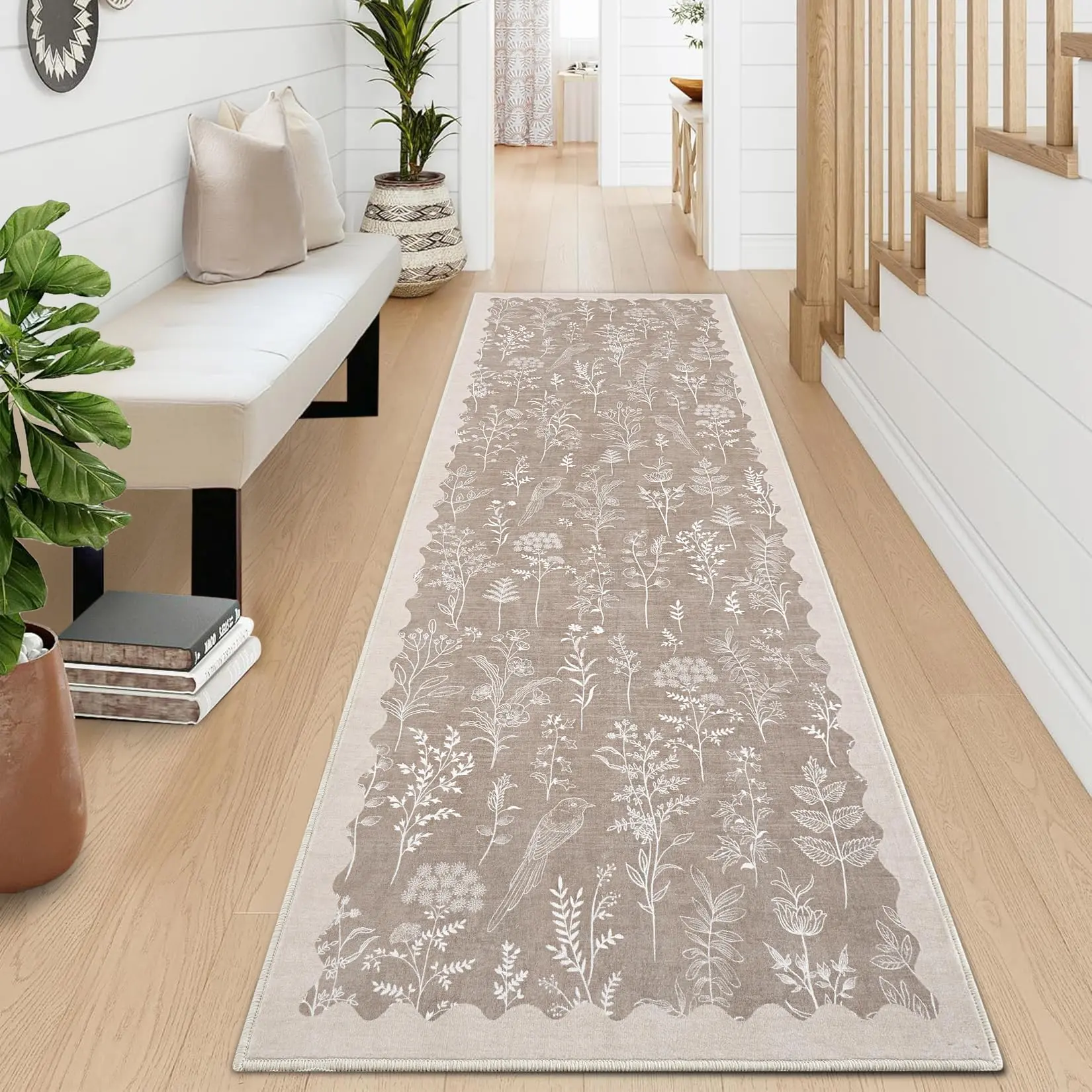 Garvee Washable 2x6 Runner Rugs for Bathroom Floral Kitchen Rug Neutral Scalloped Carpet, Non-Slip Hallway Rug Stain Resistant Modern Low-Pile Carpet for ‎Laundry Bedside Entryway(2x6 ft,Taupe)
