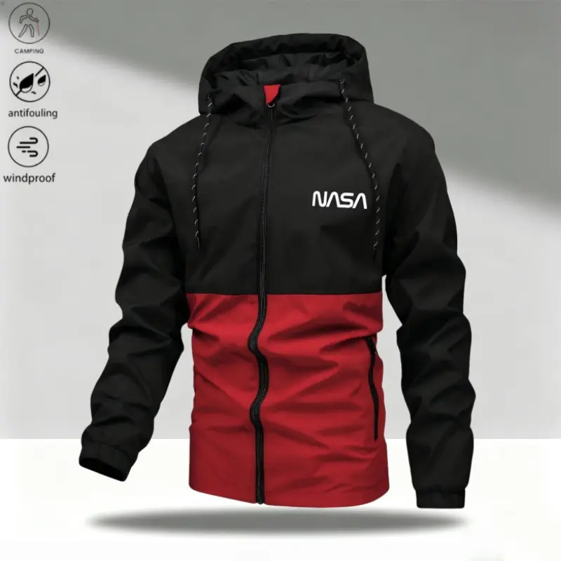 One piece NASA logo color-block hooded jacket—relaxed, minimalist, trendy style with layered panel construction. Pairs with a color-block drawstring hood and sturdy fabric that resists sagging; loose drop-shoulder cut that softens shoulder lines. Short le
