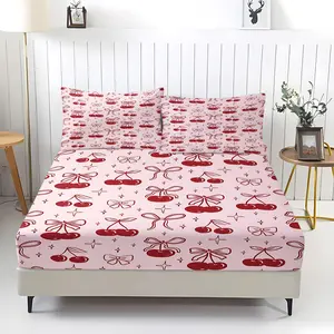 3Pcs Charming Coquette-Style Fitted Sheet Set, Vintage Pale Pink with Cherry and Bow Design, Soft Fabric for Comfort Bedding Set, Perfect for Romantic Bedroom Aesthetic and Sweet Dreams!Includes 2 pillowcases (pillow inserts not included).