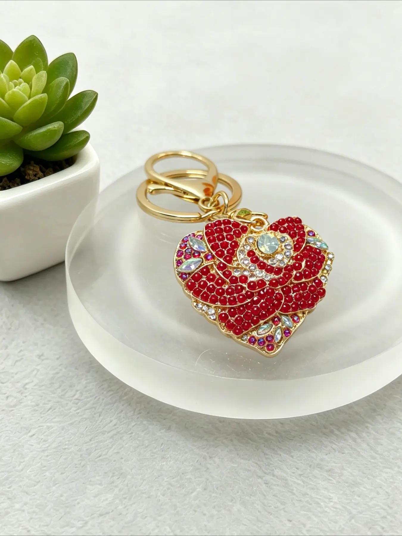 Romantic Rose Heart Keychain Bling Rhinestone Floral Bag Charm Elegant Love Key Ring Valentine's Gift for Her