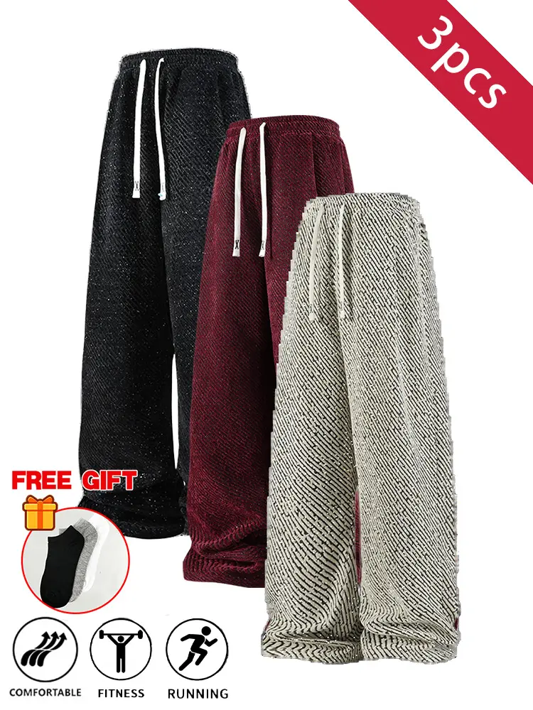 3PCS men’s shiny herringbone wide-leg pants, available in 3 colors, elastic drawstring waist, soft texture, loose straight-leg design, breathable, suitable for streetwear, workouts, and running, includes socks