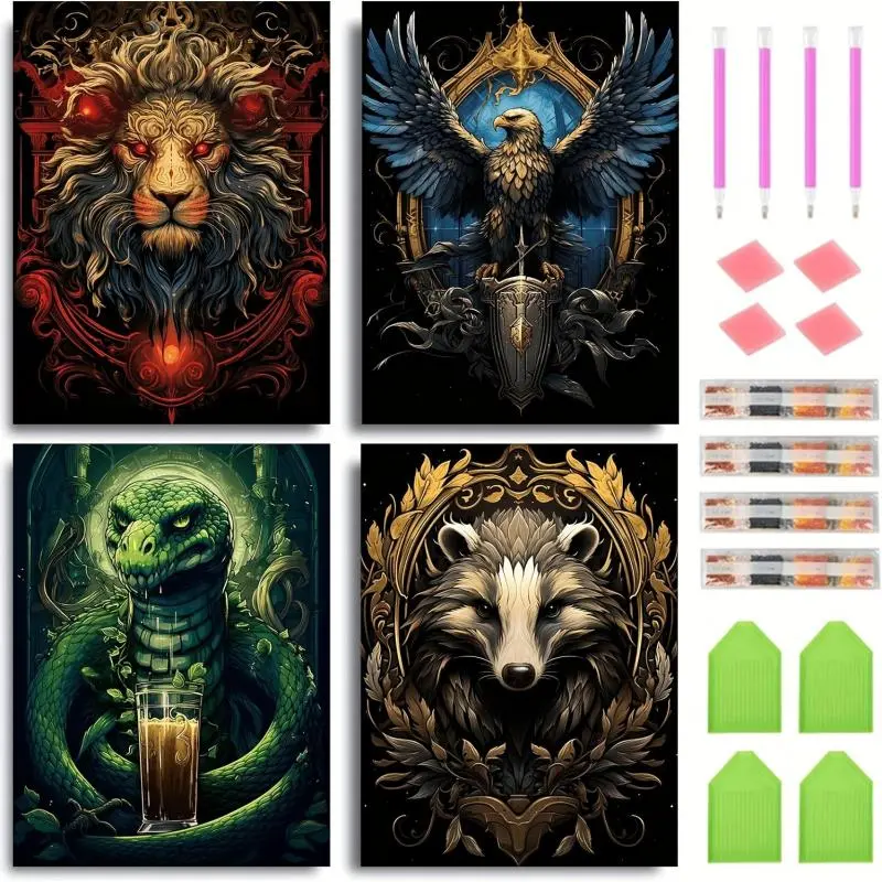 DIY 5D Diamond Arts Colorful Painting Kit, 4 Sets Lions & Eagle & Wolf & Phoenix Pattern DIY Diamond Arts Colorful Painting, DIY Decorative Art Picture