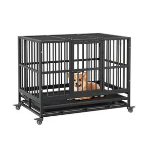 Metal Dog Crate, 37 Inch Dog Cage Kennel With Wheels, Folding Indoor Dog Crate With Removable Tray for Small, Medium and Large Pets