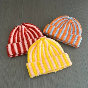 Women's Korean Winter Knit Hat - Stretch Loose Multicolor Striped Beanie |     Soft and Warm Plush Piping and Flat Top |     Christmas and Everyday Winter Hat |     Hand Washable Lightweight Cold Weather Hat |     Contrast Vintage Striped Knit