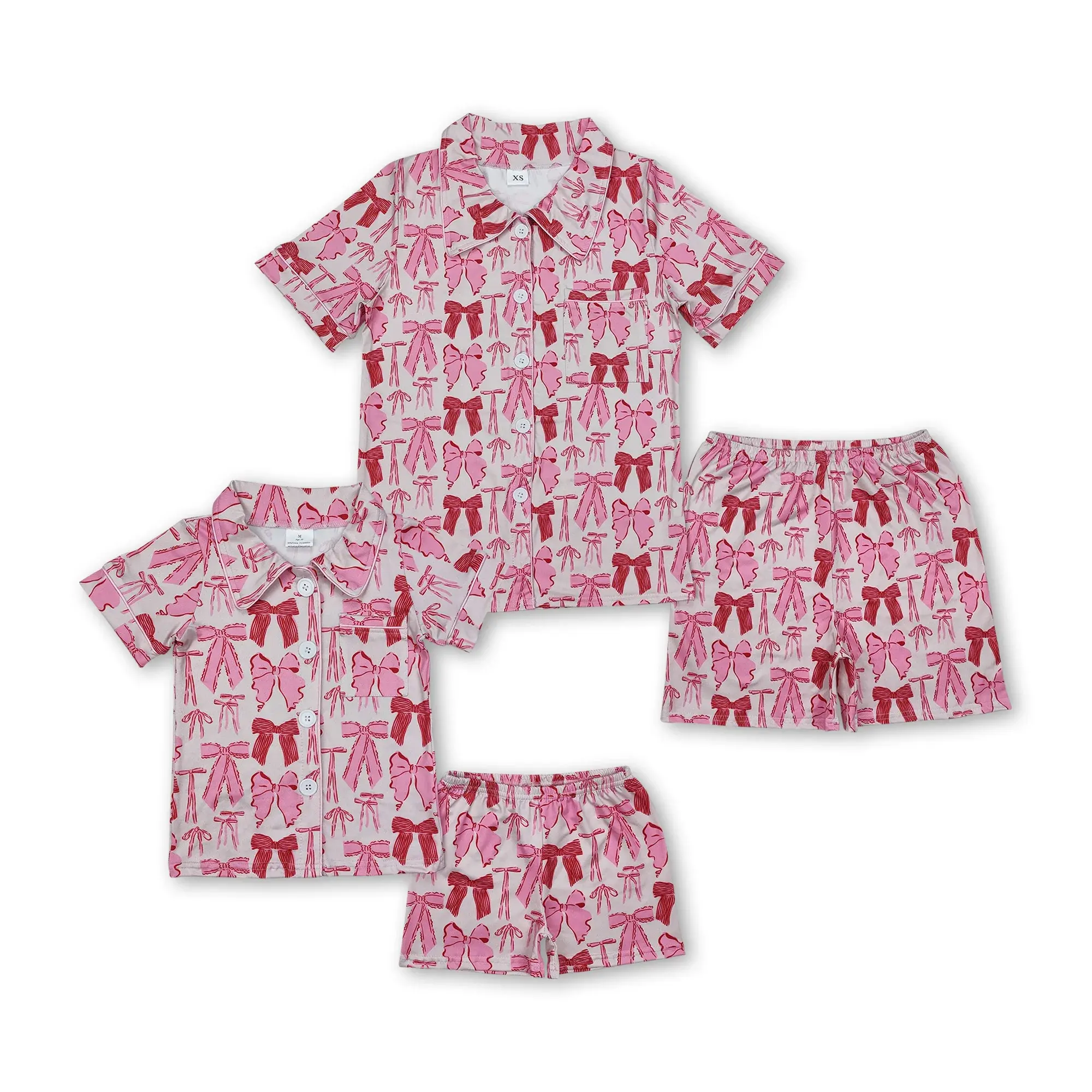 Girl Summer Pajamas Set Pink Bow grandmillennial Summer Sleep Wear
