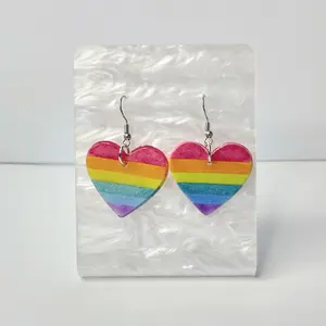 #583 Heart Shape Watercolor Rainbow Earrings, Casual Pride Jewelry, Acrylic