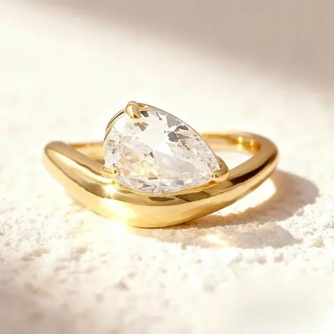 1pc Fashionable Curved Copper with Water Droplet Shaped Zircon Jewelry Ring, Simple Design, Feminine Temperament, Elegant and Casual, Versatile and Personalized Ring, Teardrop Bridal Rings