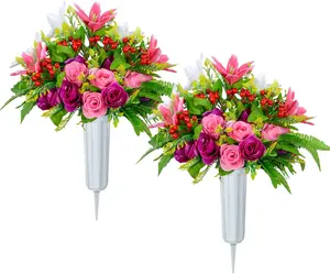 Artificial Cemetery Flowers with Vase, Set of 2 Artificial Rose Lily Bouquet Graveyard Memorial Flowers for Cemetery Headstones Decoration