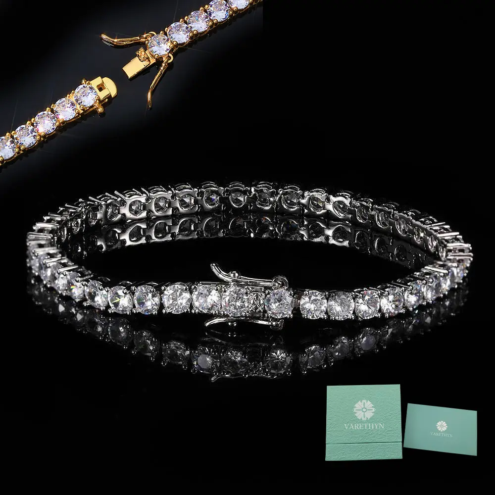 Classic Round Cut Tennis Bracelet 14K Gold Plated Sparkly Stacking Eternity Wristband for Women