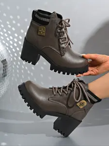 Women's Mid Heel Anti-Slip Fashion Waterproof Boots, Ankle Booties with Laces, Short Casual Shoes for All Seasons