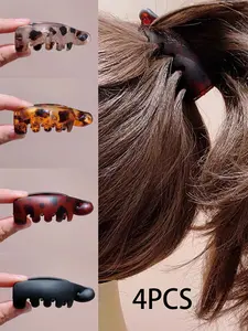 4 Single Non-Slip Banana Hair Clips Hair Claws for Women- Vintage Oval Leopard Print, Amber and Black, Suitable for Secure Ponytails, Bun Hairstyles, and Curly Hair Styles