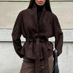 Women’s Vintage Suede Jacket with Lapels, Long Sleeves, Single-Breasted Closure, Lace-Up Design, Loose Fit — New for Autumn 2025, Brown