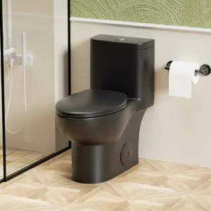 1.1/1.6 GPF Tornado Flush One-Piece Toilet with Comfort Chair Seat ADA Height 17", Powerful & Quiet Dual Flush Modern Toilet,Siphonic S-trap 12",Rimless Bowl with Soft Closing Seat, Matt Black MB-006. RR