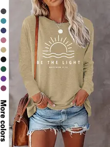 Women's Letter & Sun Print Round Neck Tee, Casual Fitted Long Sleeve Crew Neck Top for Fall & Winter, Women's Clothes for Daily Wear, Womenswear