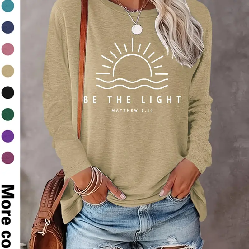 Women's Letter & Sun Print Round Neck Tee, Casual Fashion Tee, Casual Fitted Long Sleeve Crew Neck Top for Fall & Winter, Women's Clothes for Daily Wear, Casual Chic Top, Womenswear