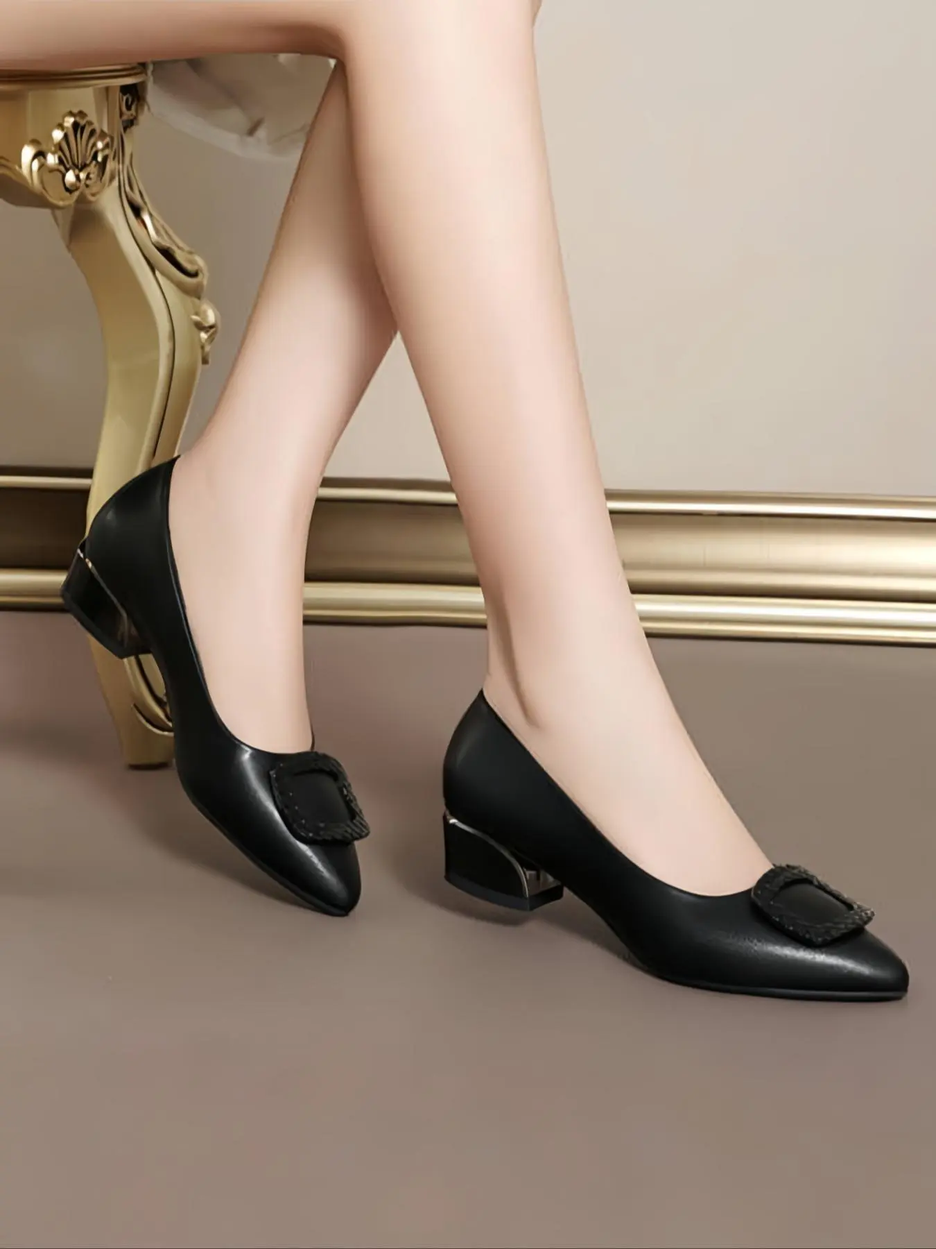 Women's Elegant Minimalist Pointed Toe Design Slip On Low Heel Heeled Pumps, Trendy Stylish Classy Breathable Comfortable Heels, Fashionable Shoes for Daily Wear