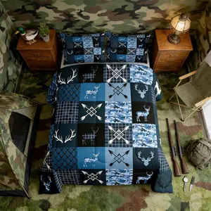 Camo Deer Antlers Bedding Set Soft for Boys Girls,Animal Arrow Silhouette Comforter Set Rustic Cabin Duvet Quilt Microfiber Lattice Bedroom Decor