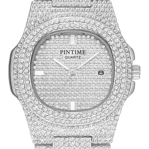 Fashion Hip Hop Men's Crystal Watch Bling Bling Watch Rectangle Case Stainless Steel Quartz Analog Bracelet Wristwatch Accurate Timekeeping