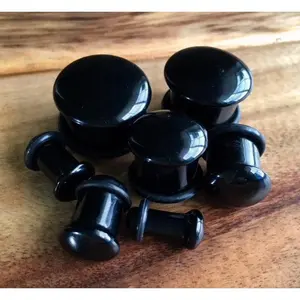PAIR of Single Flare Organic Black Onyx Stone Plugs with O-Rings - Gauges 4g thru 5/8" (16mm) Earlets
