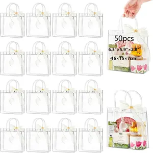 Clear Gift Bags with Handles Large Transparent Reusable PVC Tote Bag Bulk for Party Favors Shopping Boutique Wedding Birthday Festival 50pcs