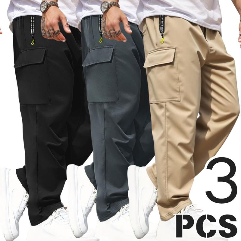 Men's 3-Pack Lightweight Cargo Pants with Elastic Drawstring Waist Zipper Pockets & Large Patch Pockets Comfortable Breathable for Outdoor & Daily Casual Wear - Fabric Menswear Activewear