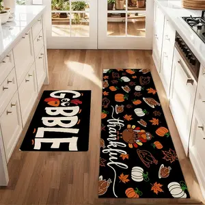 2Pcs Thanksgiving Turkey Pumpkin And Maple Leaves Floor Mat Set Farmhouse Kitchen Rug Dining Room Flooring Laundry Room Decor Carpet Mat, Decorative Rug Mat