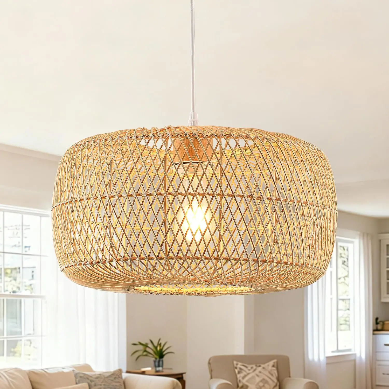 16in Adjustable Hand-Woven Rattan Drum Pendant Light - Boho Wicker Coastal Indoor Lighting for Home, Adults Over 12+, Kitchen Island, Dining Room, AC Power Line Voltage Ceiling Fixture (Not Smart, Not for Non-Standard Setups)
