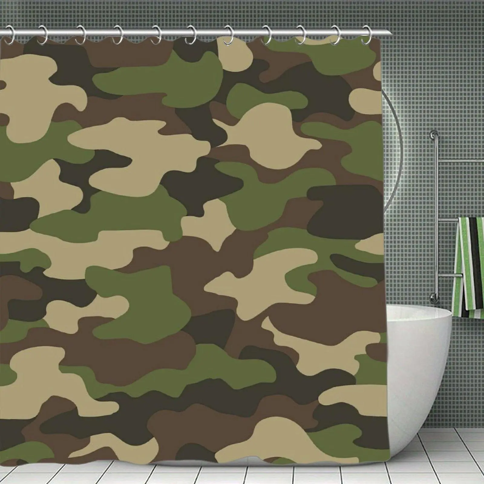 Classic Woodland Camo Waterproof Shower Curtain with Plastic-Window Stainless-Steel Hooks, Tactical Style Bathroom Decor